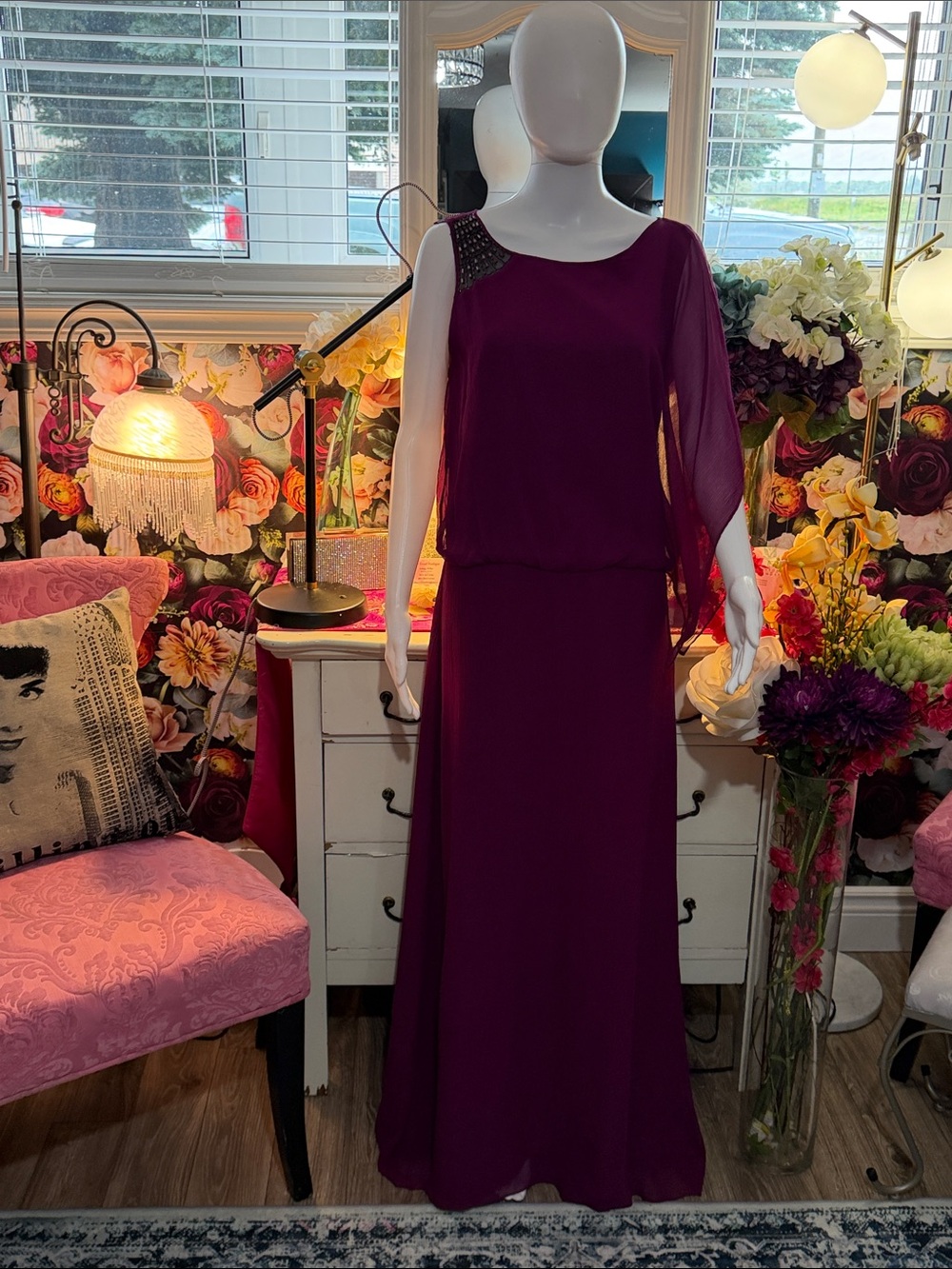 BCBG Pleated One-Shoulder Maxi Dress in Plum Berry - Picture 9 of 13
